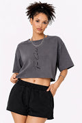 Snow Washed Raw Edge Crop Top Vertical | Black Logo