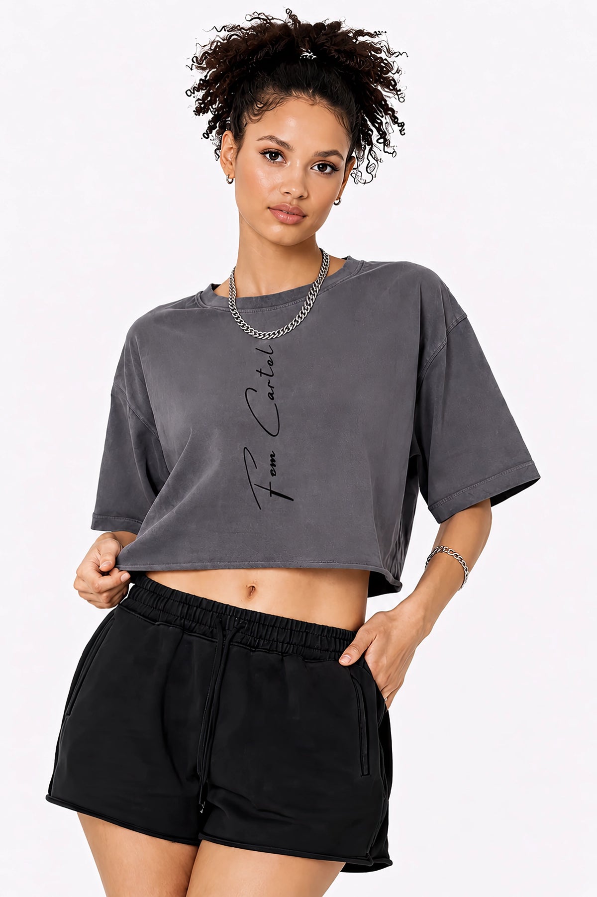 Snow Washed Raw Edge Crop Top Vertical | Black Logo