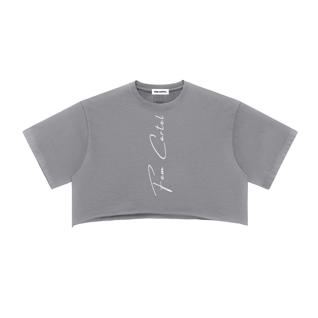 Snow Washed Raw Edge Crop Top Vertical | White Logo