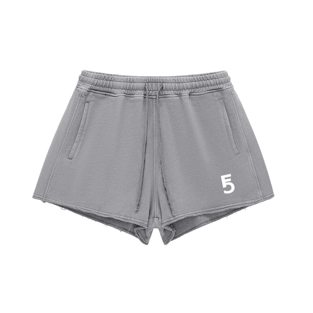 Snow Washed Raw Edge Drawstring Shorts | White Logo