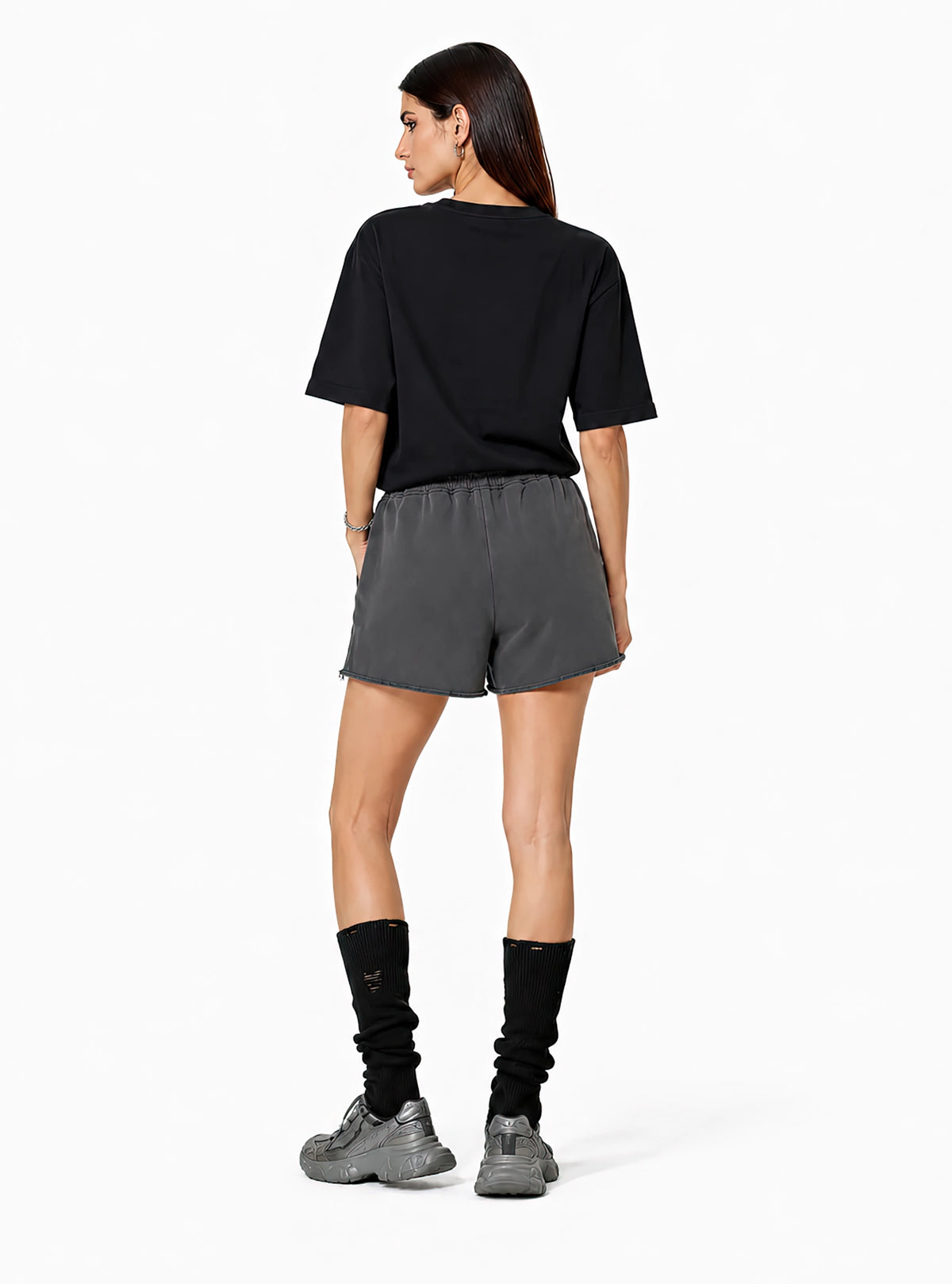 Snow Washed Raw Edge Drawstring Shorts | White Logo
