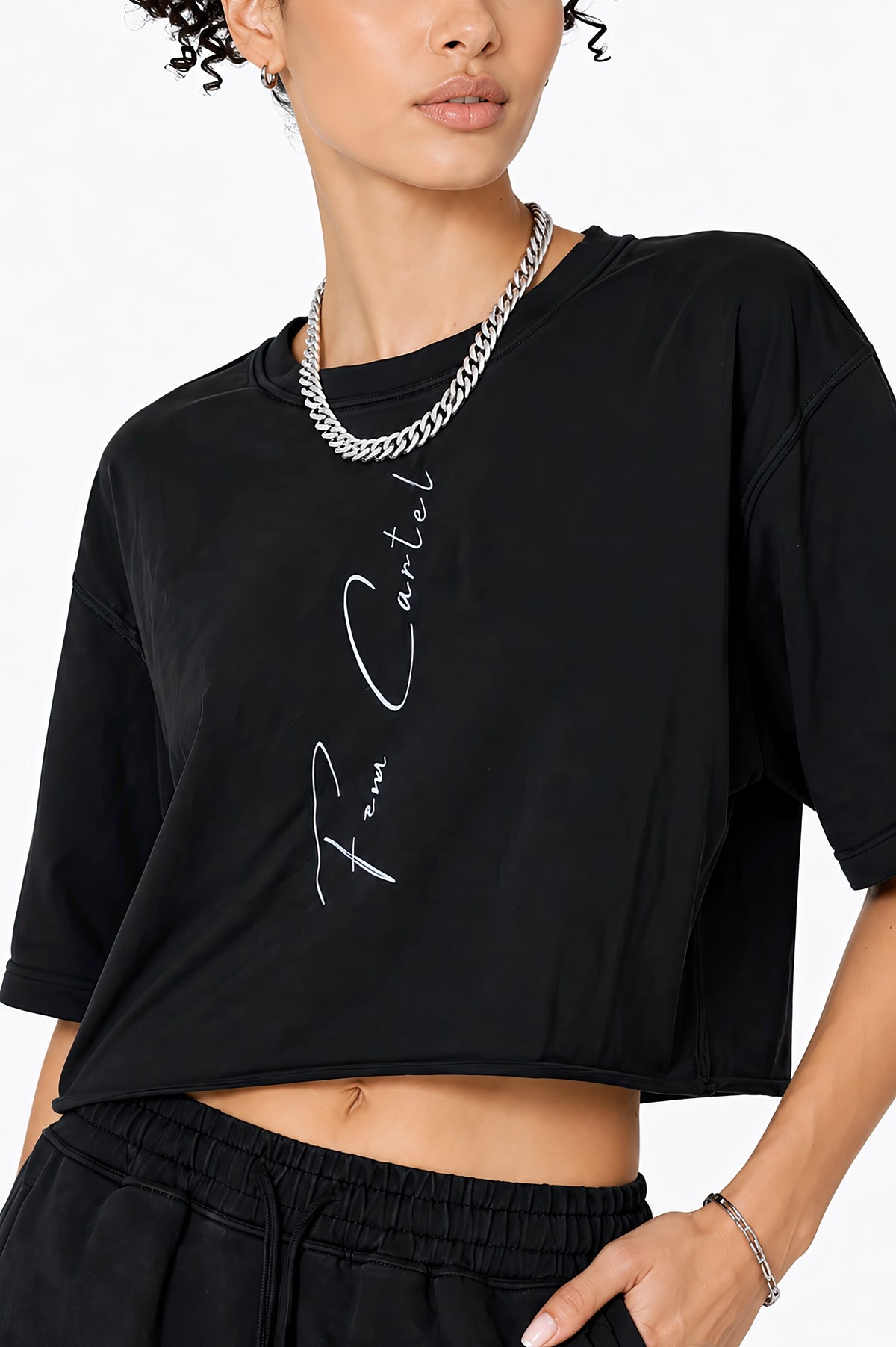 Snow Washed Raw Edge Crop Top Vertical | White Logo