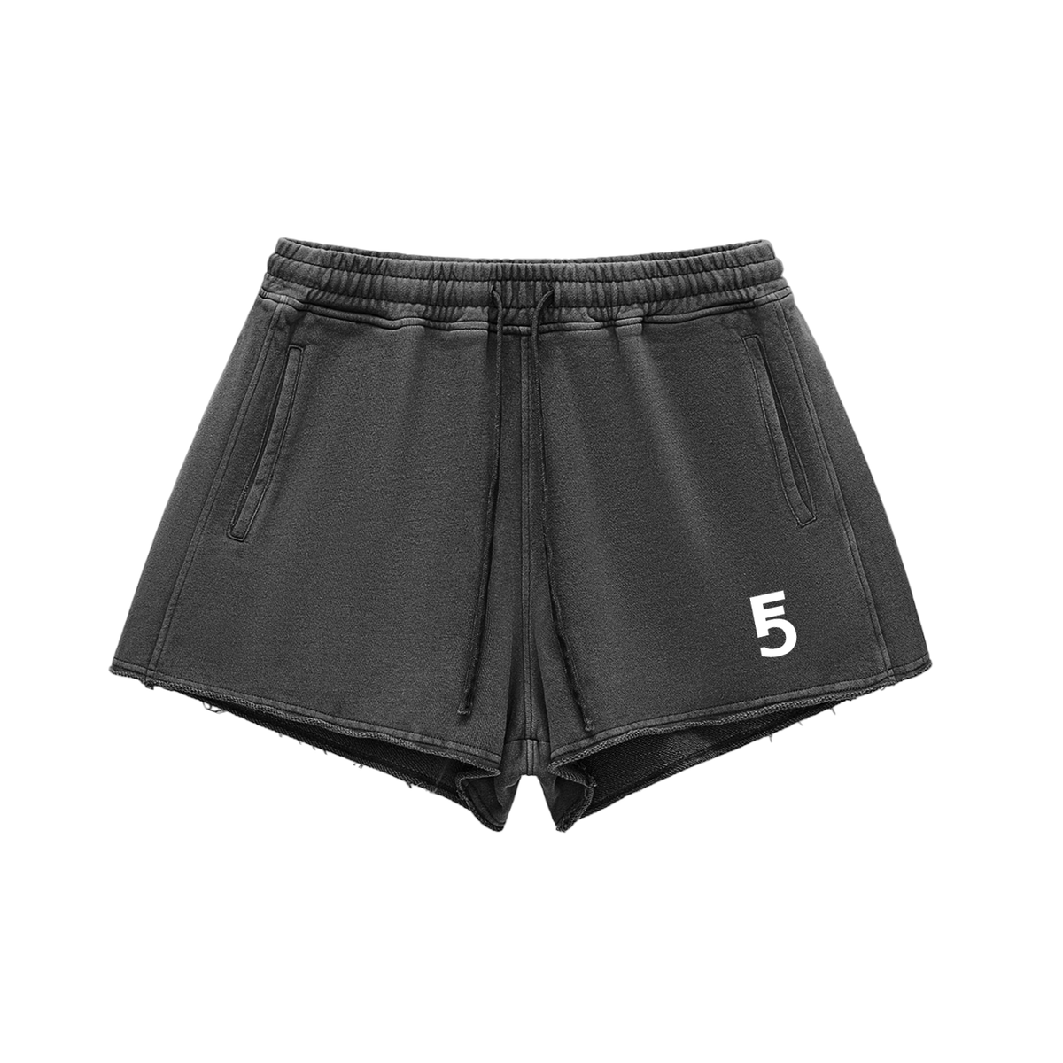 Snow Washed Raw Edge Drawstring Shorts | White Logo