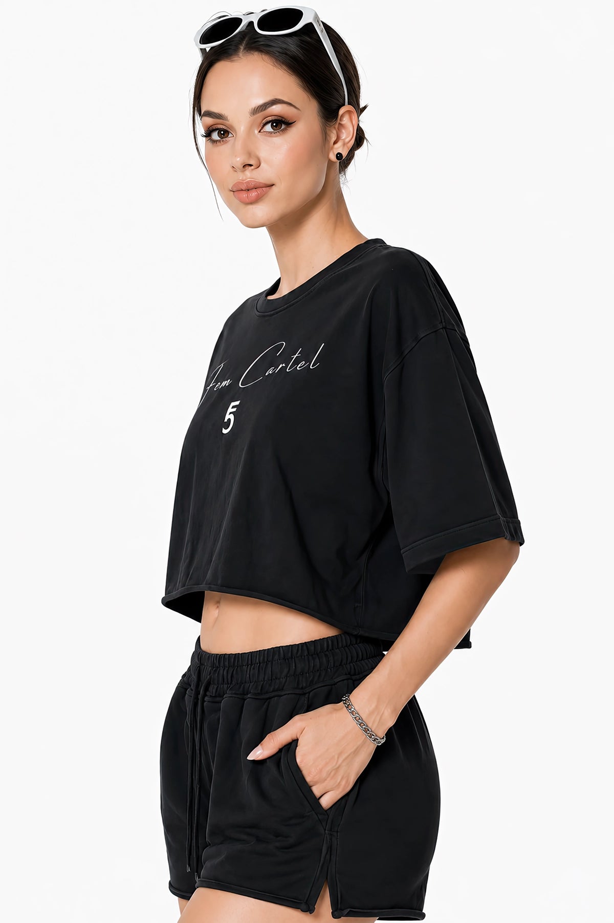 Snow Washed Raw Edge Crop Top | White Logo