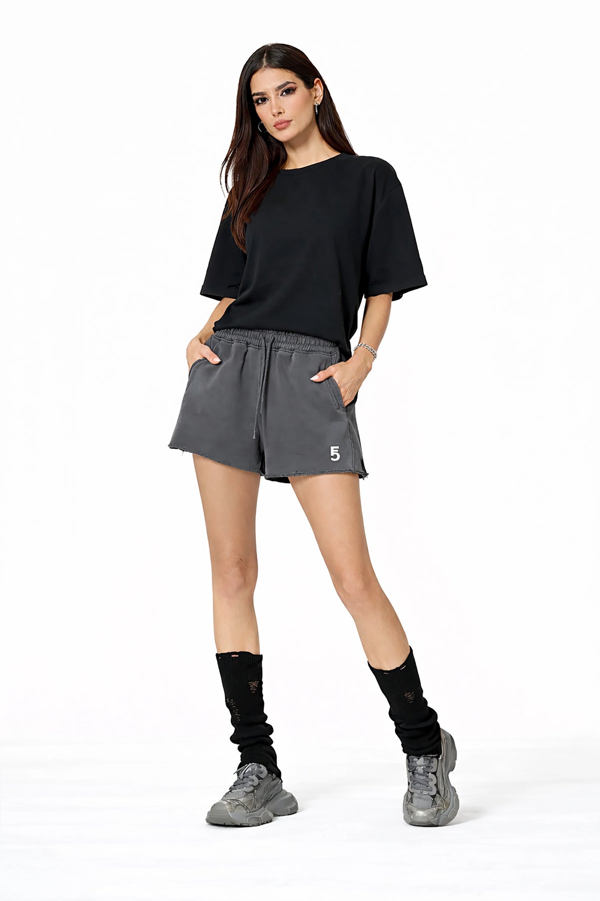 Snow Washed Raw Edge Drawstring Shorts | White Logo