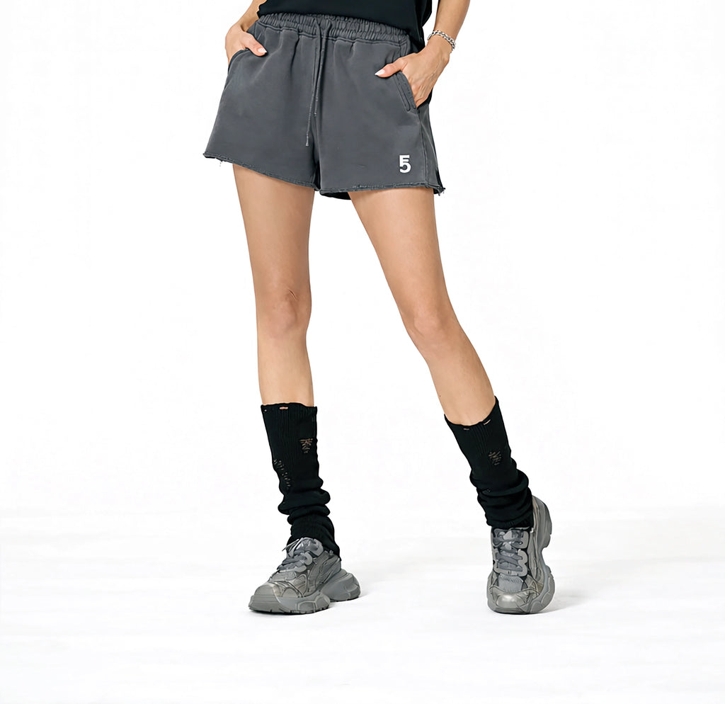 Snow Washed Raw Edge Drawstring Shorts | White Logo