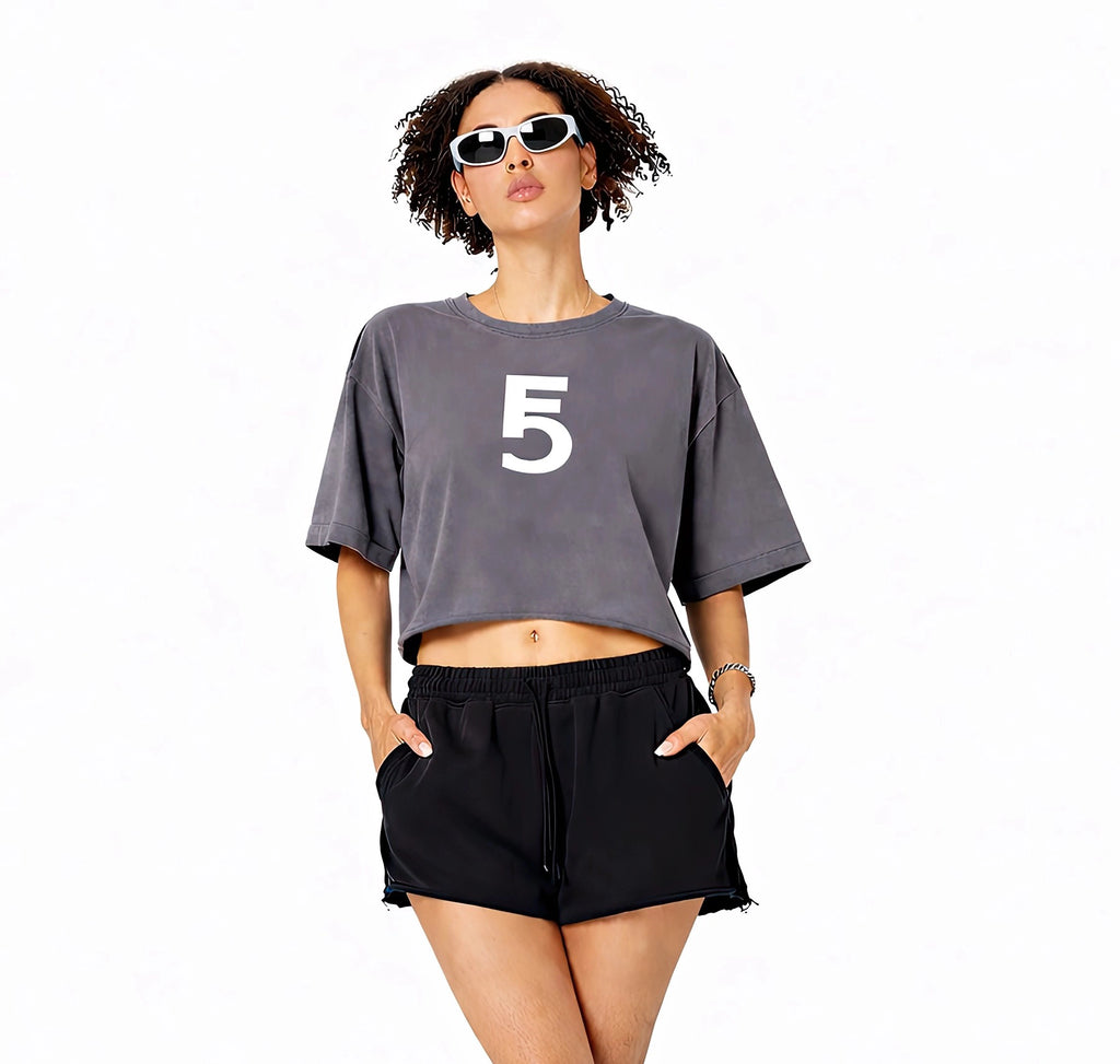Snow Washed Raw Edge Crop Top | White Logo