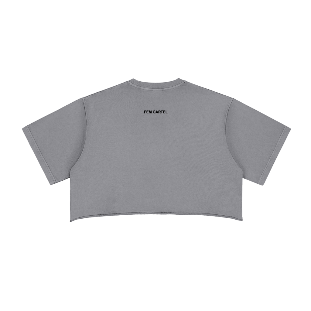 Snow Washed Raw Edge Crop Top Vertical | Black Logo