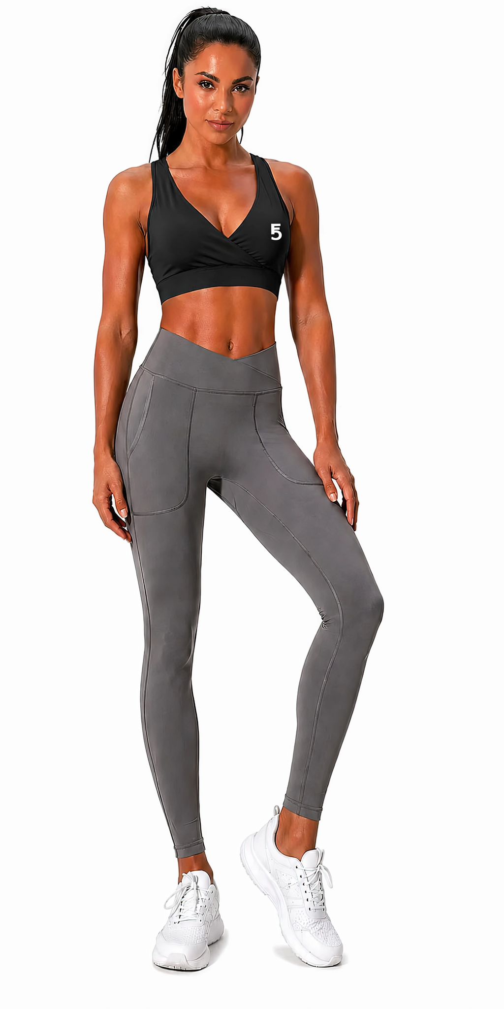 Crossover V-Neck Sports Bra | White Logo