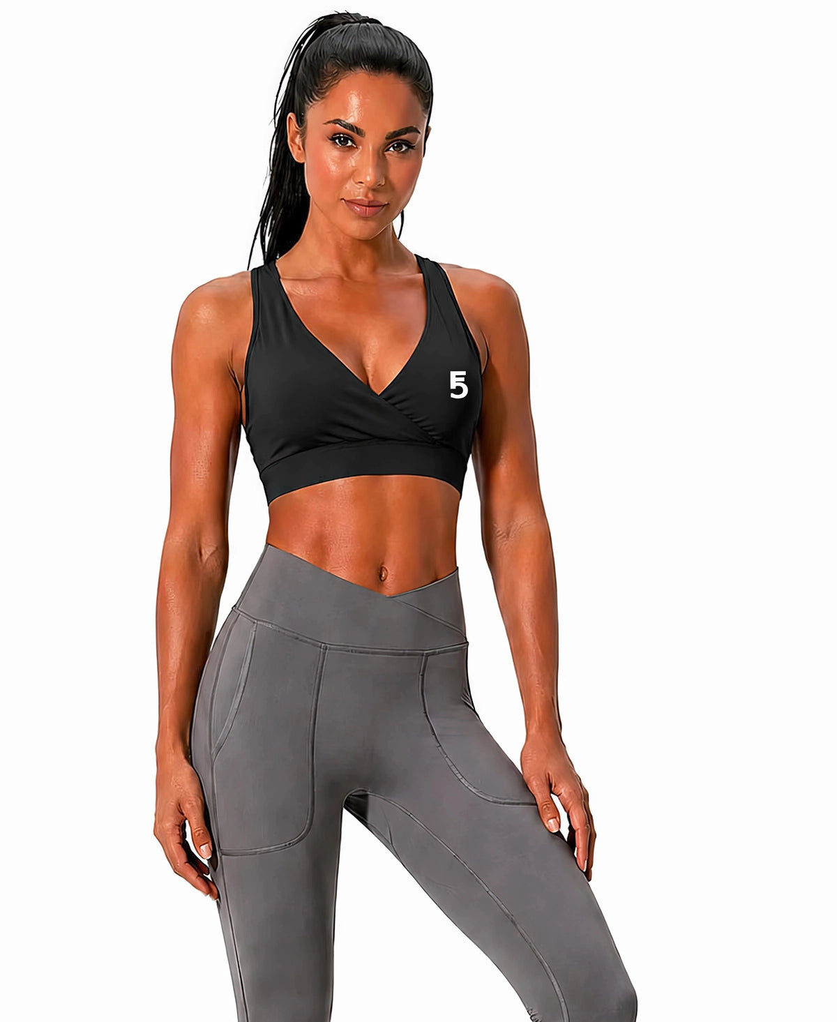 Crossover V-Neck Sports Bra | White Logo