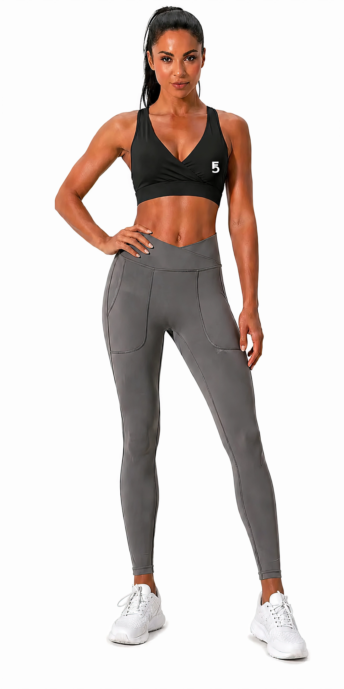 Crossover V-Neck Sports Bra | White Logo
