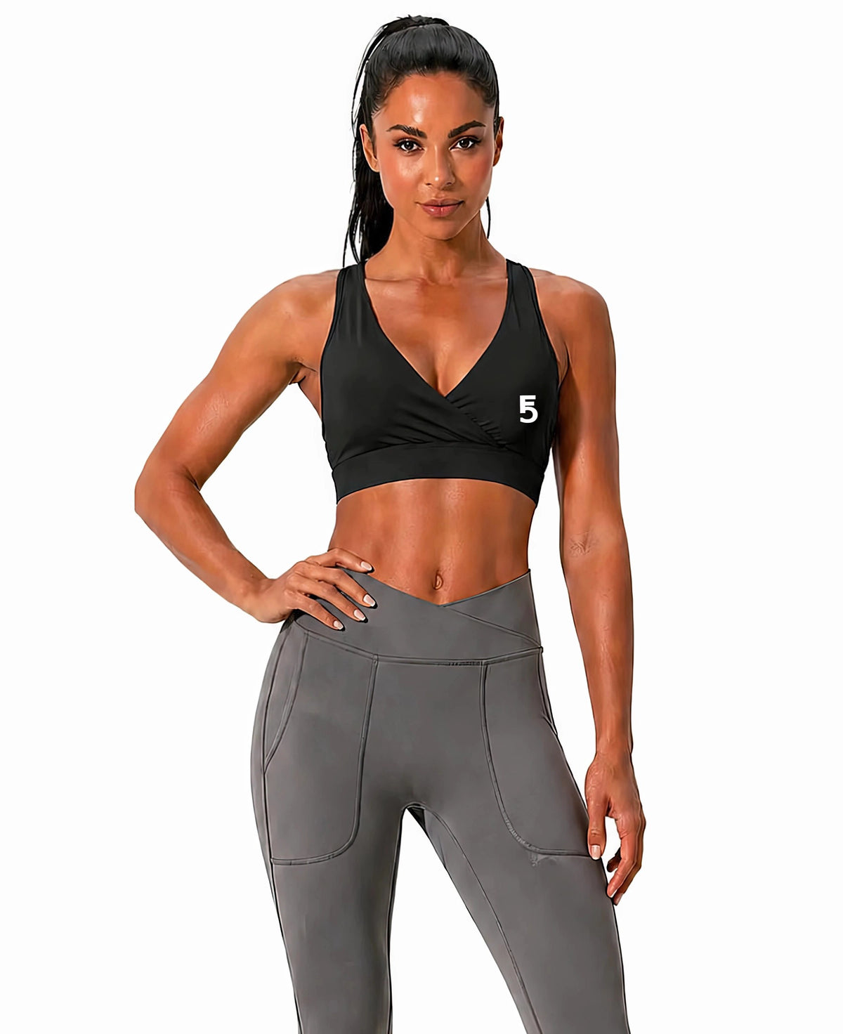 Crossover V-Neck Sports Bra | White Logo