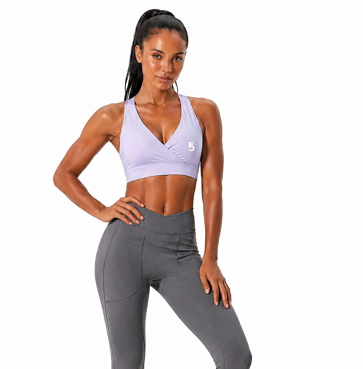Crossover V-Neck Sports Bra | White Logo