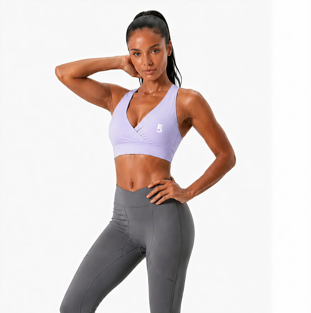 Crossover V-Neck Sports Bra | White Logo