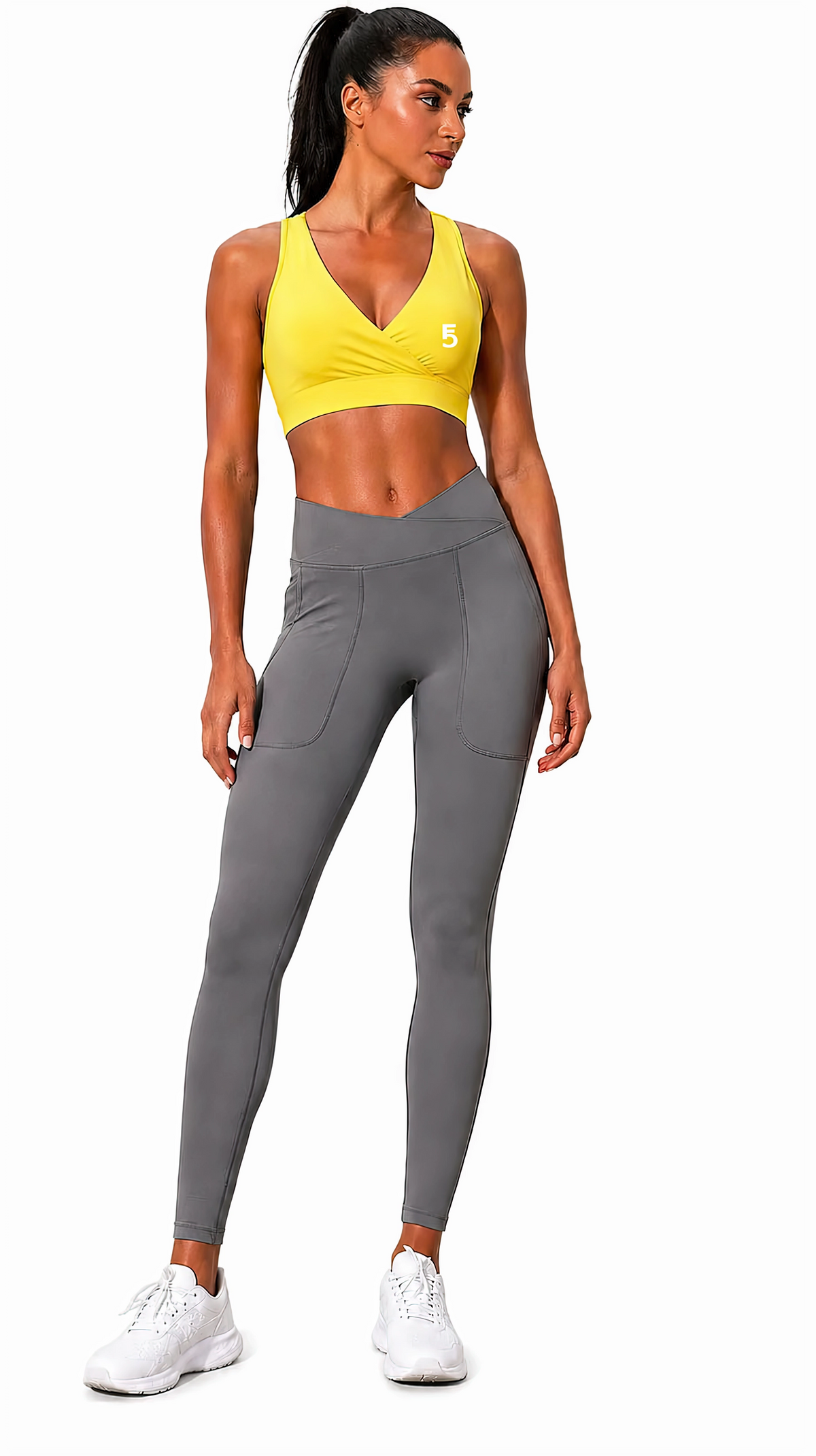 Crossover V-Neck Sports Bra | White Logo