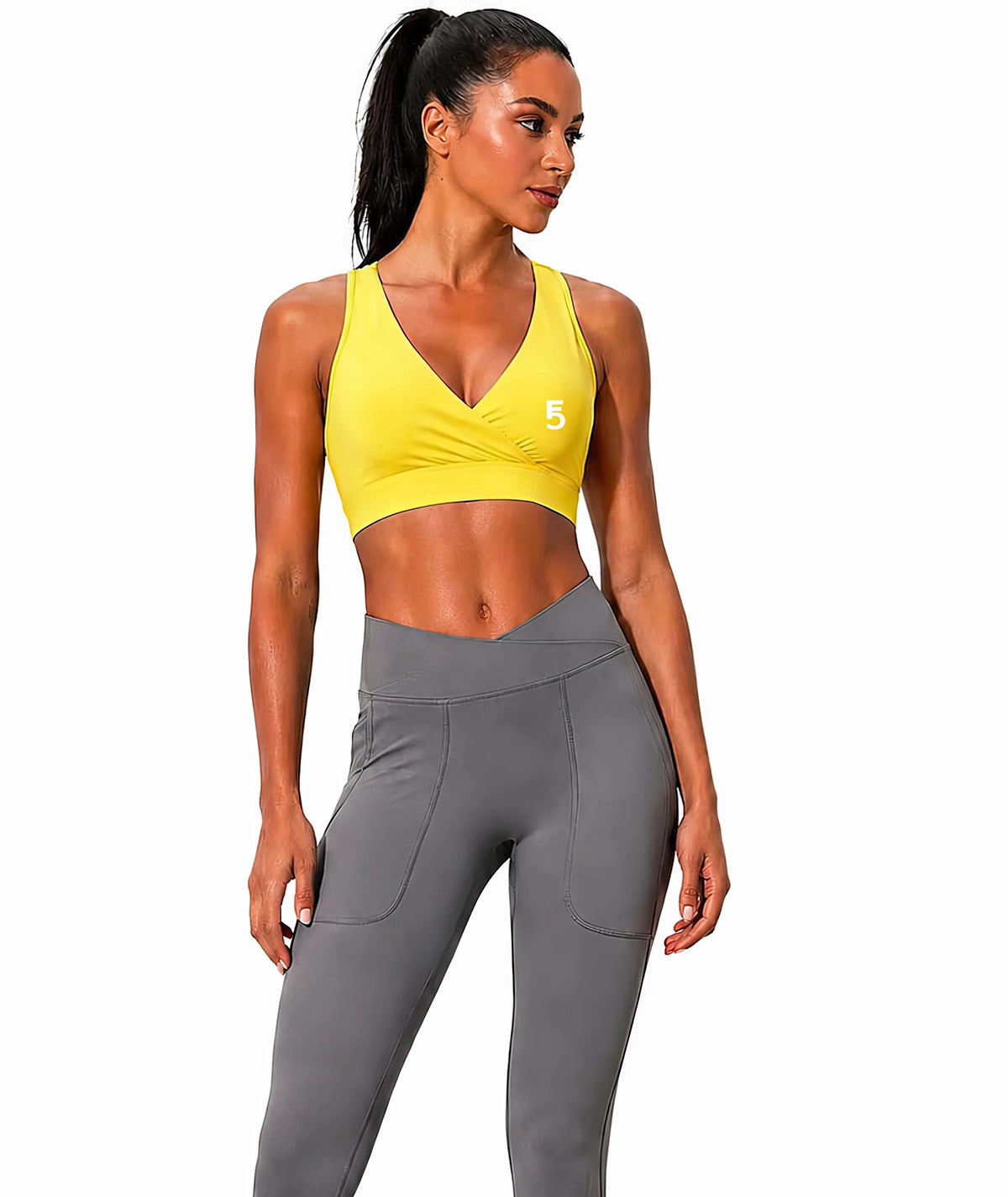 Crossover V-Neck Sports Bra | White Logo