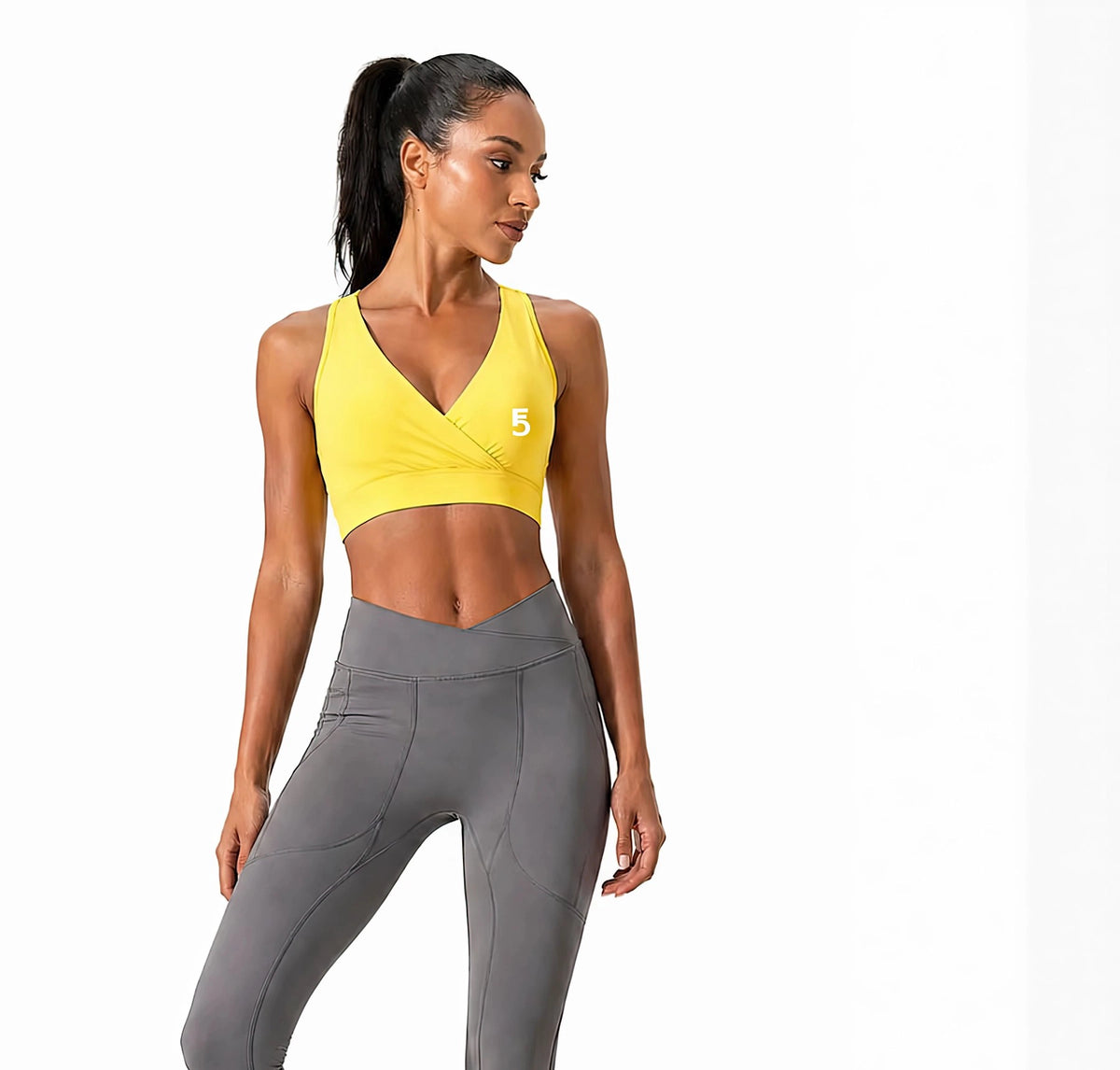 Crossover V-Neck Sports Bra | White Logo