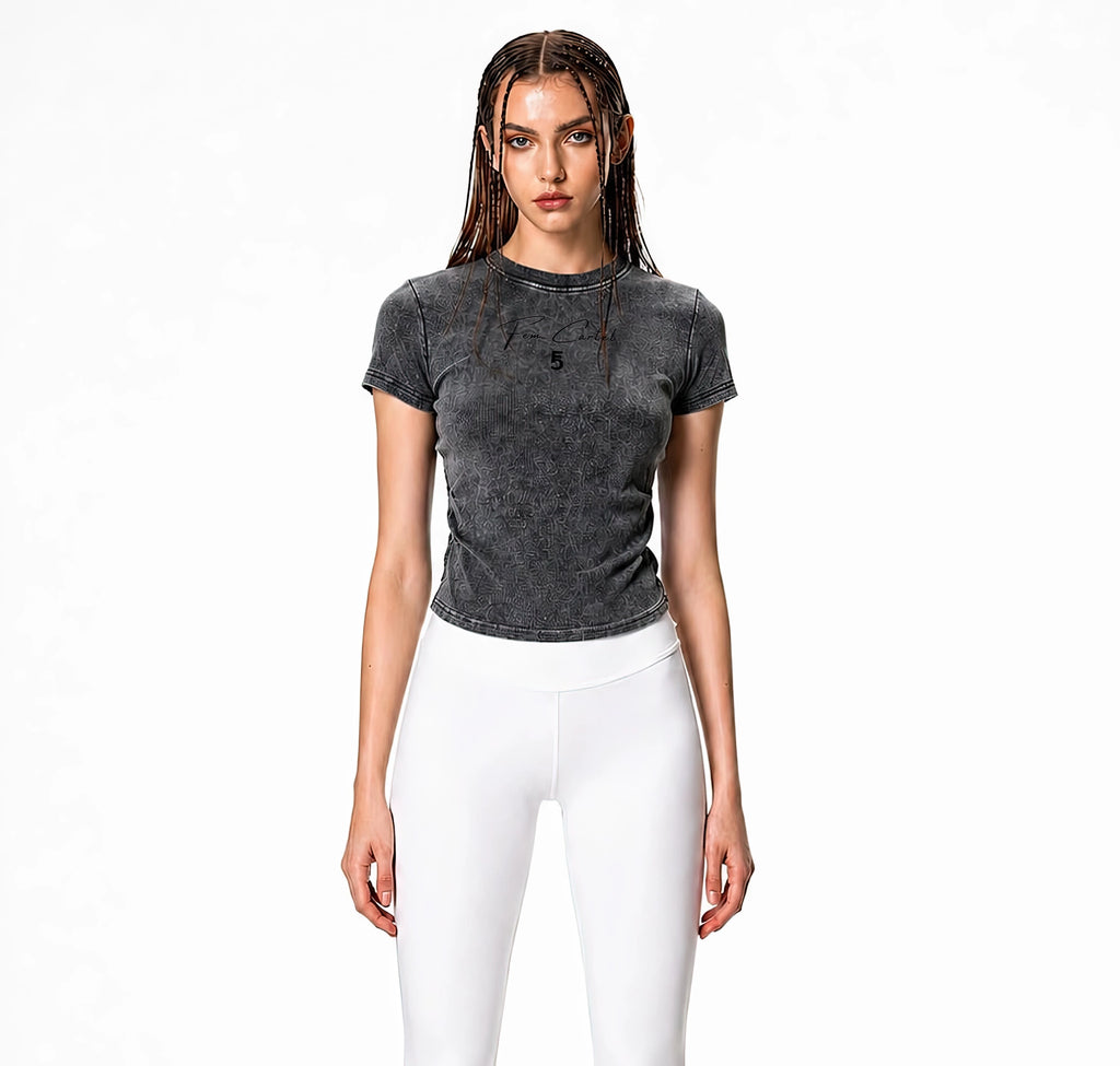 Vintage Washed Bodycon Cotton T-Shirt Script | Black Logo