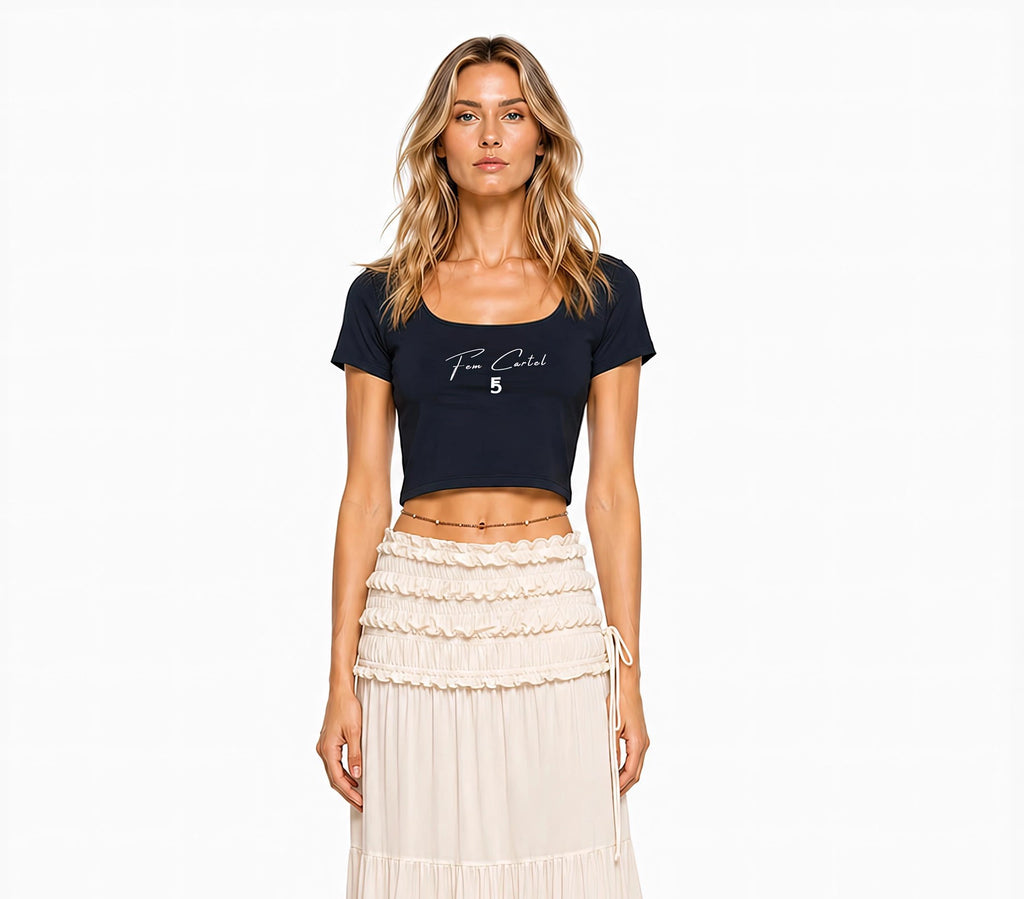 Square Neck Crop T-Shirt Script | White Logo