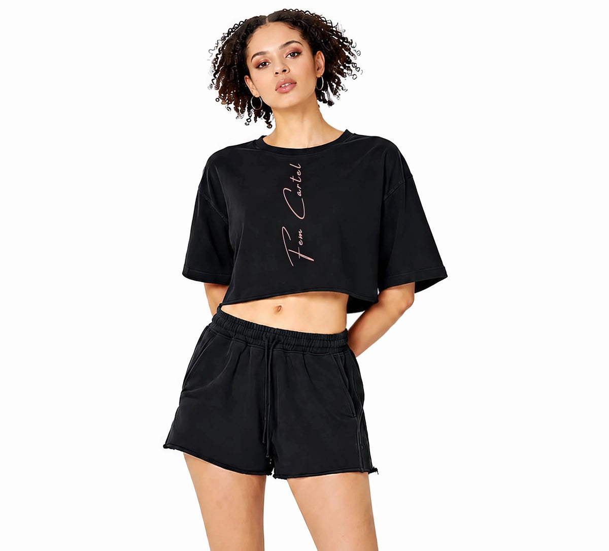 Snow Washed Raw Edge Crop Top Vertical | Pink Logo
