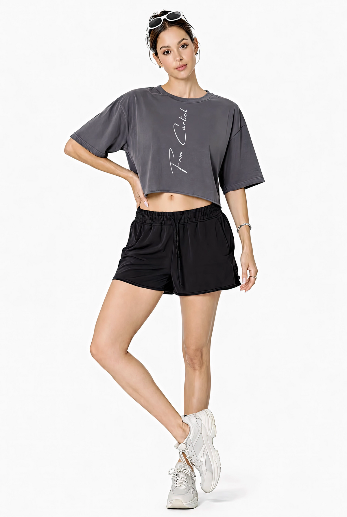Snow Washed Raw Edge Crop Top Vertical | White Logo