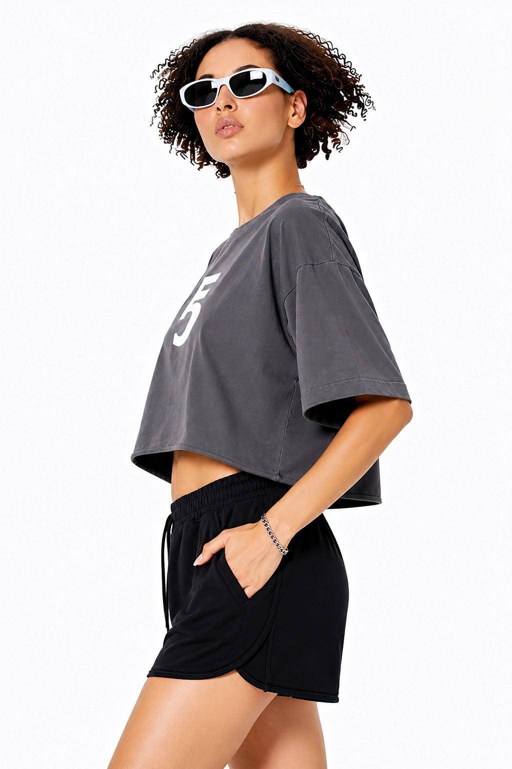 Snow Washed Raw Edge Crop Top | White Logo