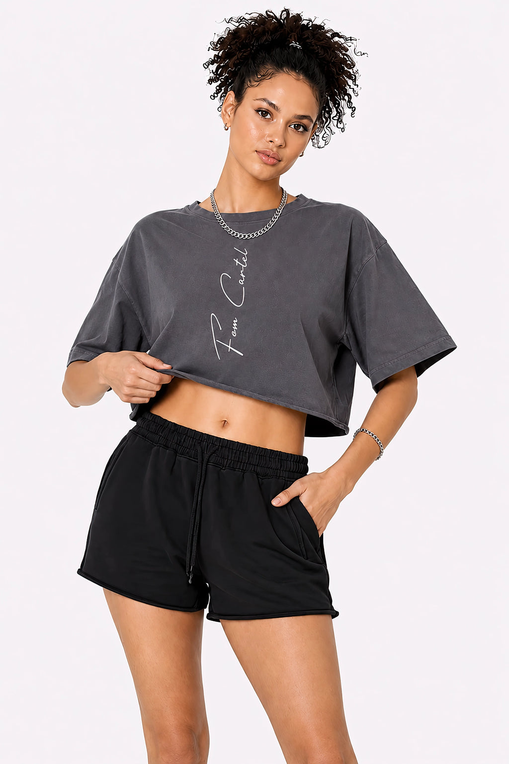 Snow Washed Raw Edge Crop Top Vertical | White Logo