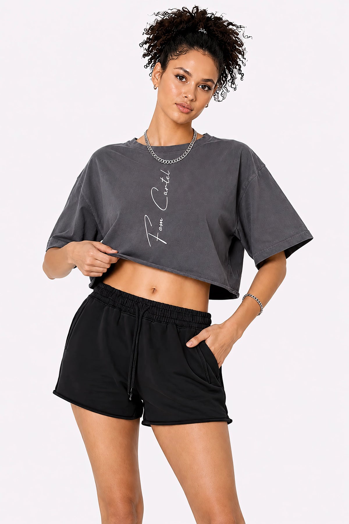 Snow Washed Raw Edge Crop Top Vertical | White Logo