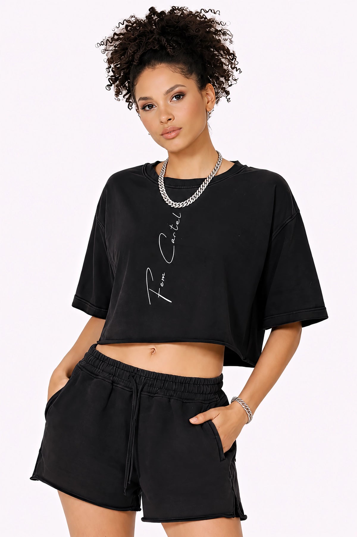 Snow Washed Raw Edge Crop Top Vertical | White Logo