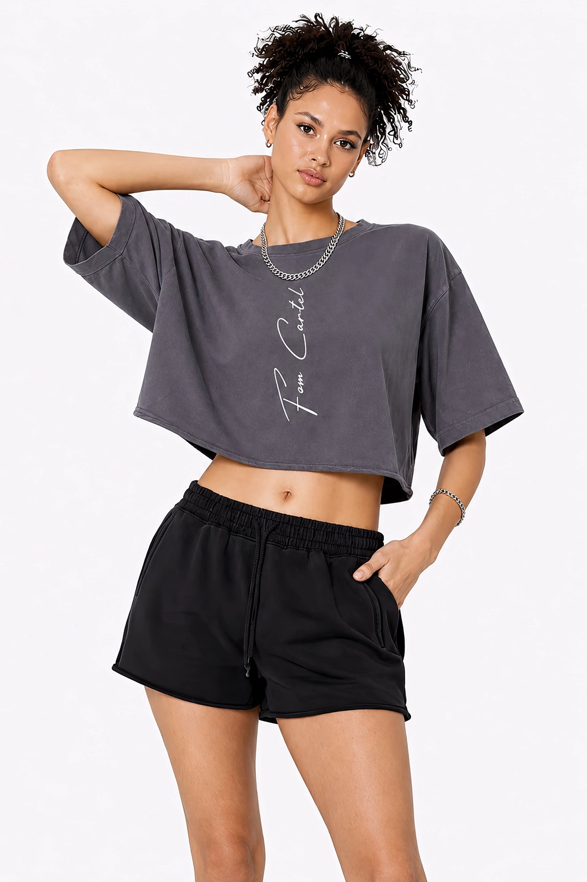 Snow Washed Raw Edge Crop Top Vertical | White Logo