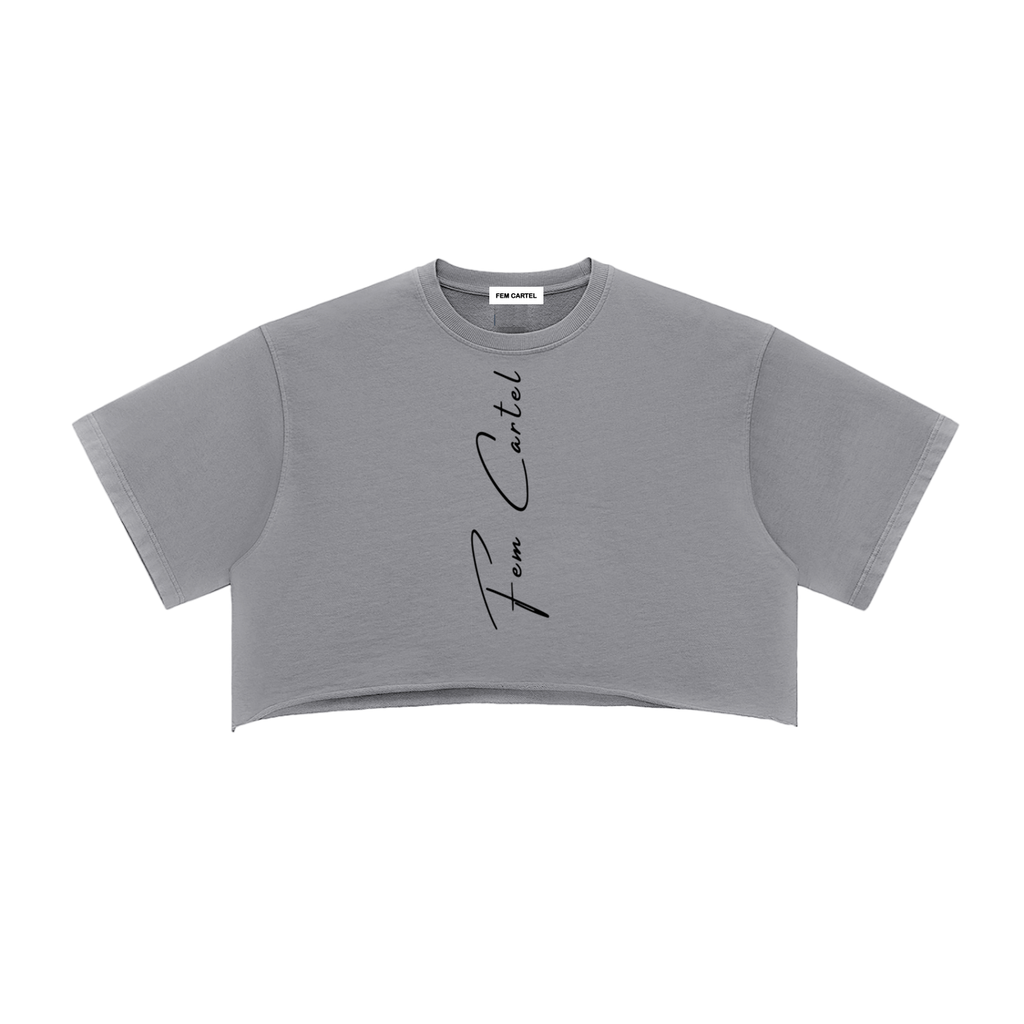 Snow Washed Raw Edge Crop Top Vertical | Black Logo