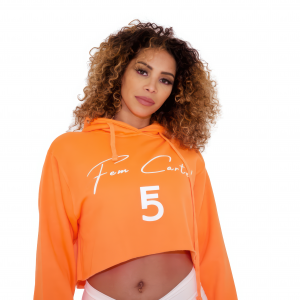 Alternative view of Orange Cropped Hoodie – White Script Front Detail