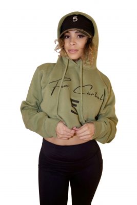 Olive Green White Lettering Cropped Hoodie