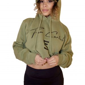 Olive Green White Lettering Cropped Hoodie